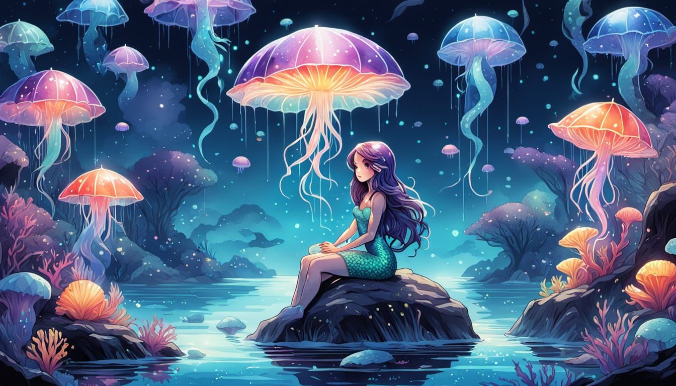 Mermaid in Lagoon: Kawaii Comic Book Art
