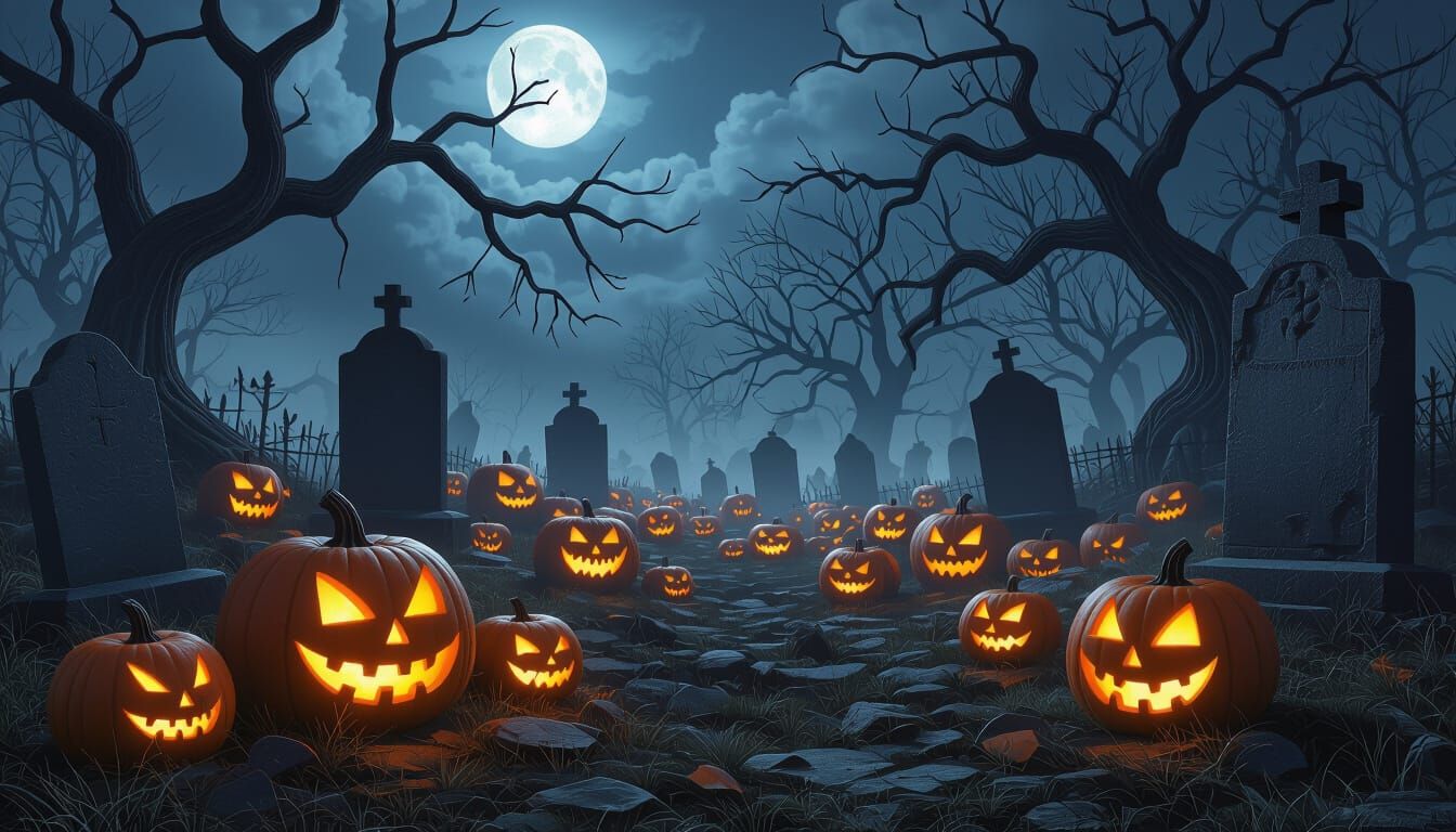 Spooky Graveyard Jack-o'-Lanterns with Glowing Eyes