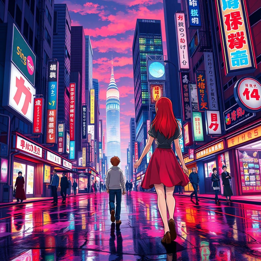 Vibrant Red-Haired Couple Strolls Through Neon-Lit Japanese ...