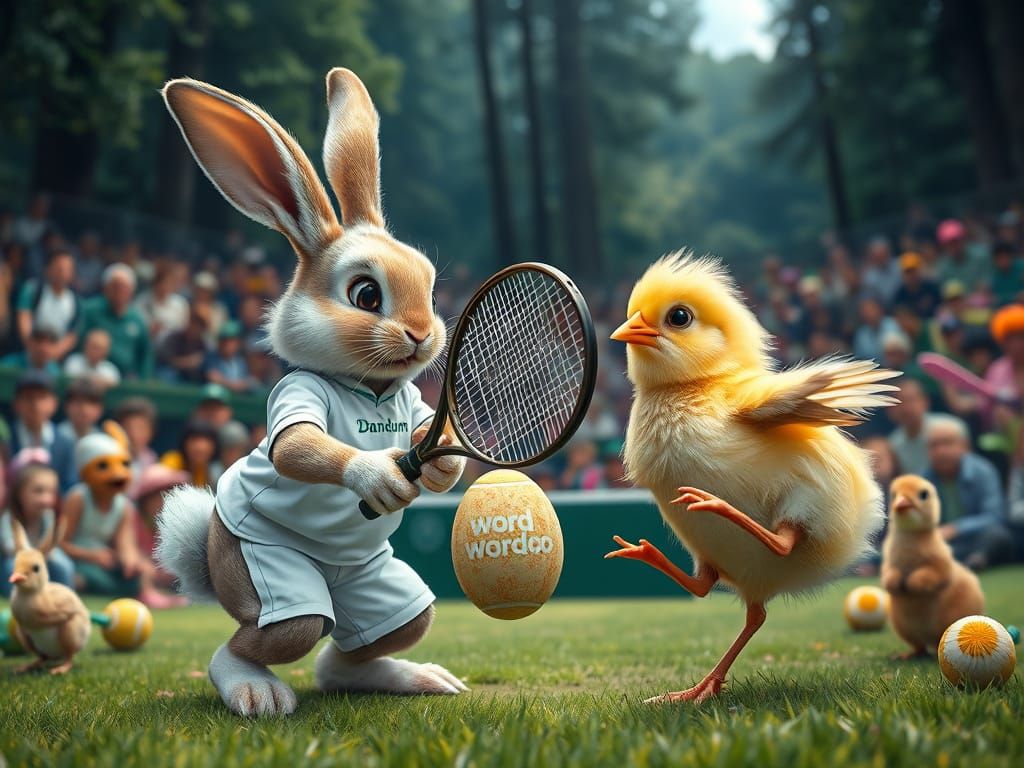 Bunny and Chick Play Tennis in Forest Arena