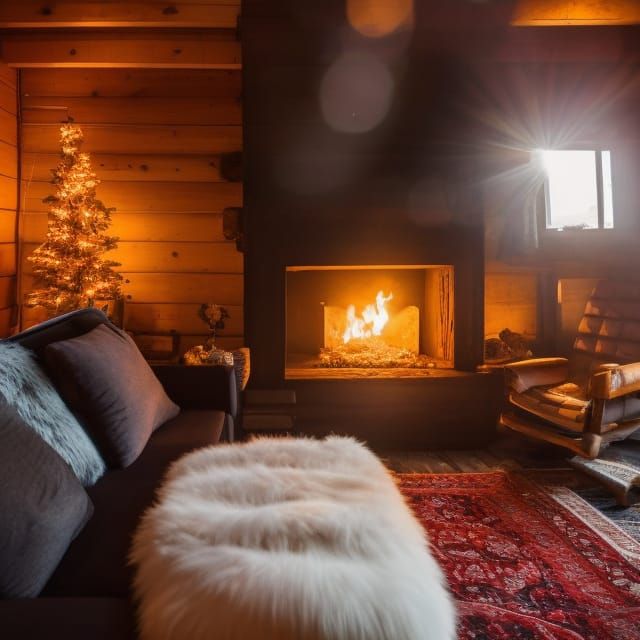 Cozy Cabin Interior with Fireplace and Snow