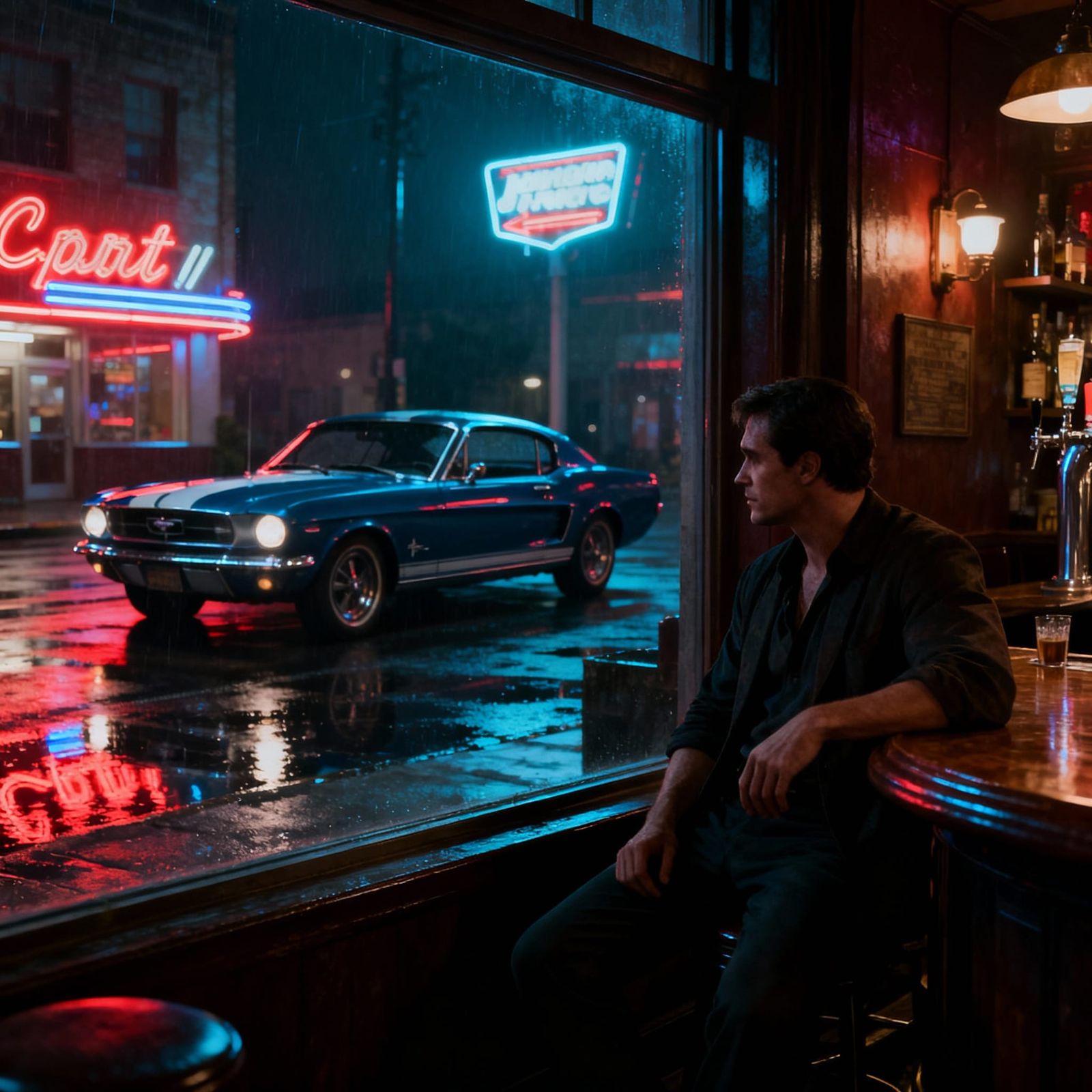 Man in Bar with Mustang, Neon Reflections