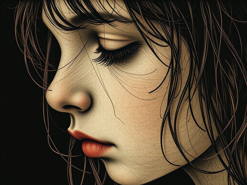 Fine Copper Lines on a Black Background Portrait of a Young ...