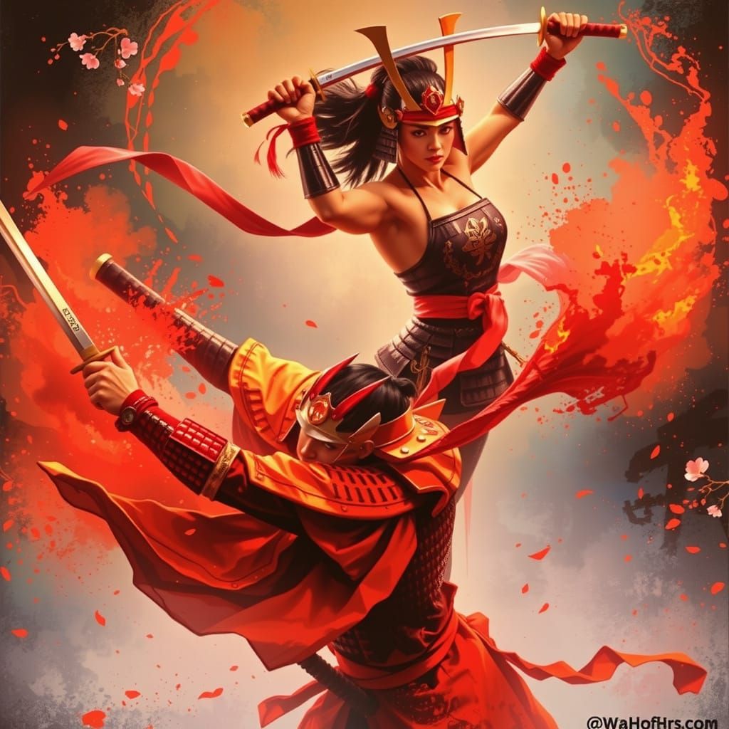 Samurai Sword Fight in Graffiti Art Garden