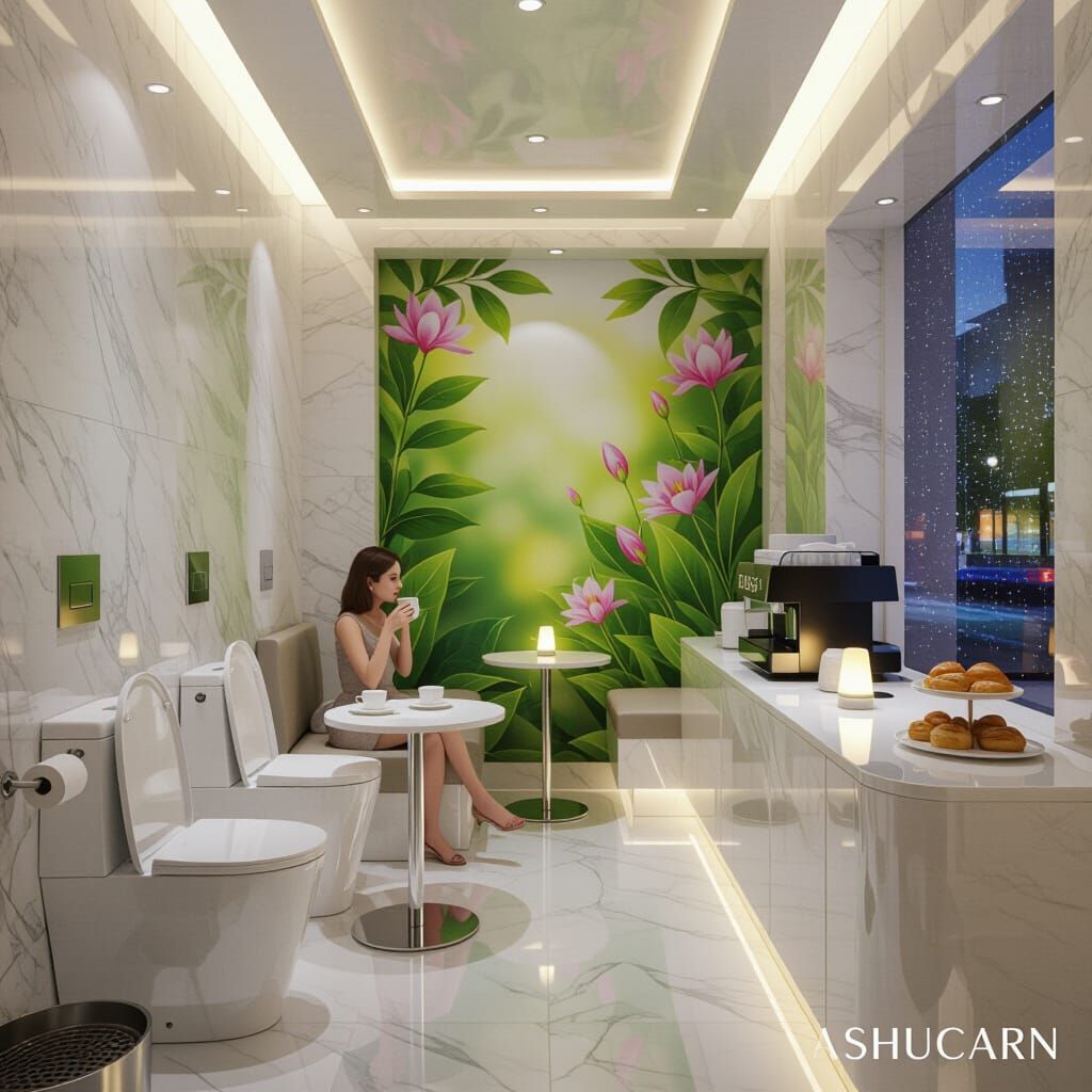 Surreal Toilet Cafe in Pavilion with Floral Mural