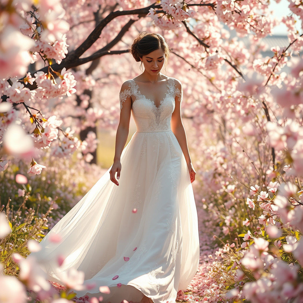 Bride in Cherry Blossom Field, Digital Matte Painting