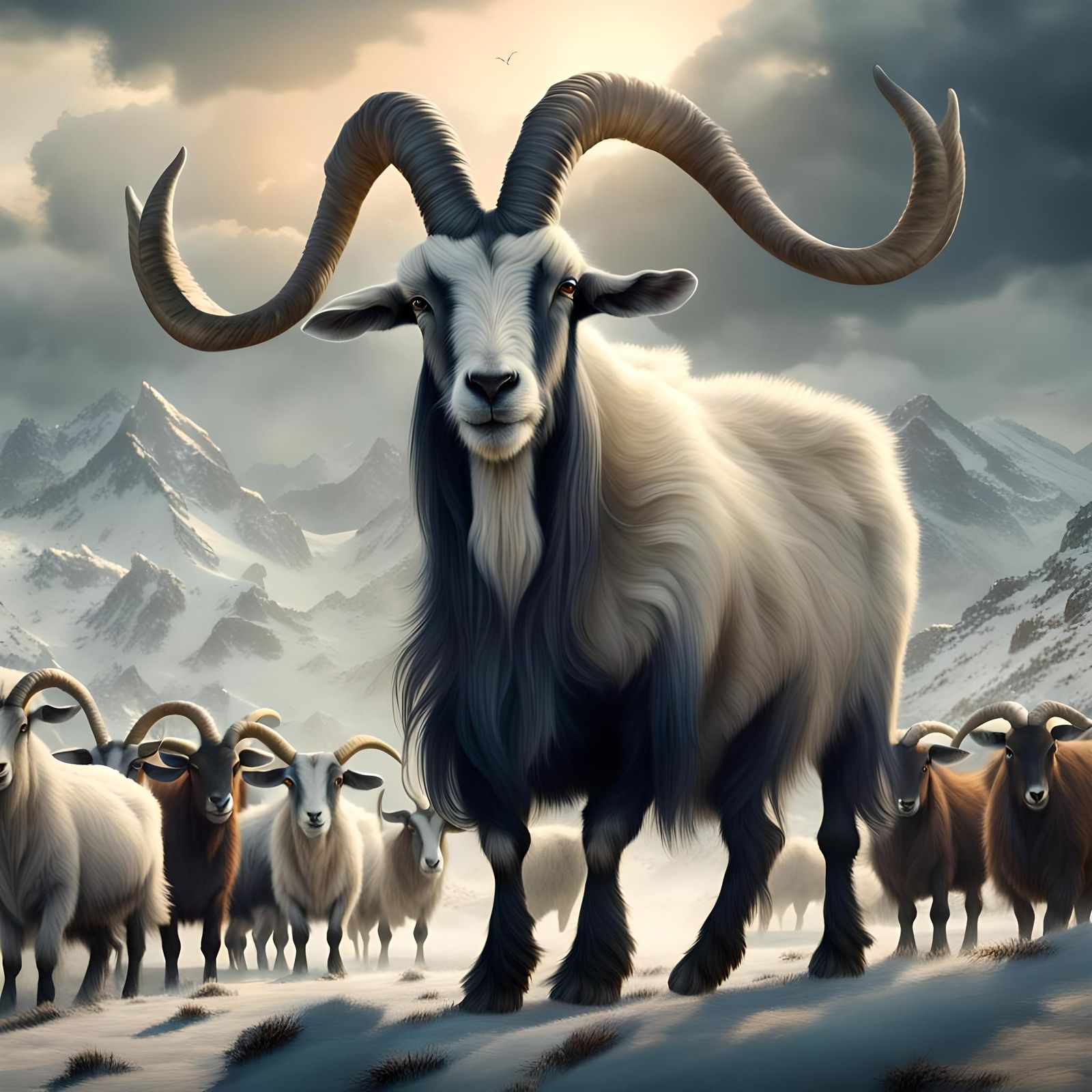 Majestic Billy Goat Watches Over Herd: Digital Matte Paintin...