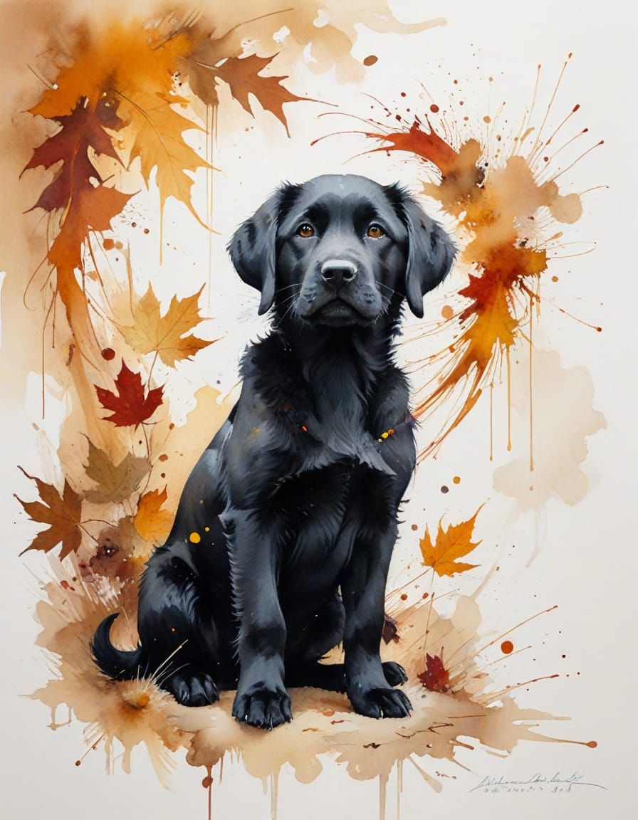 Black Lab Puppy in Autumnal Watercolour Art