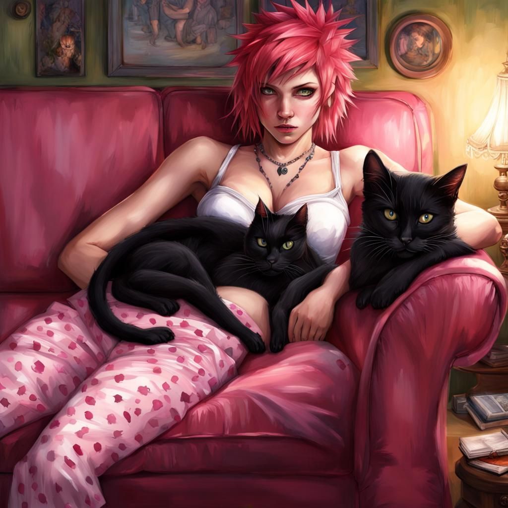 Mystical Punk Woman Lounging with Cat