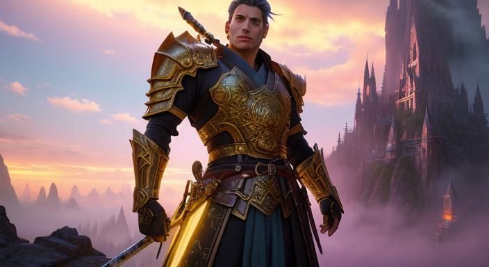 Mystical Realm Warrior in Neon-Lit Epic Fantasy