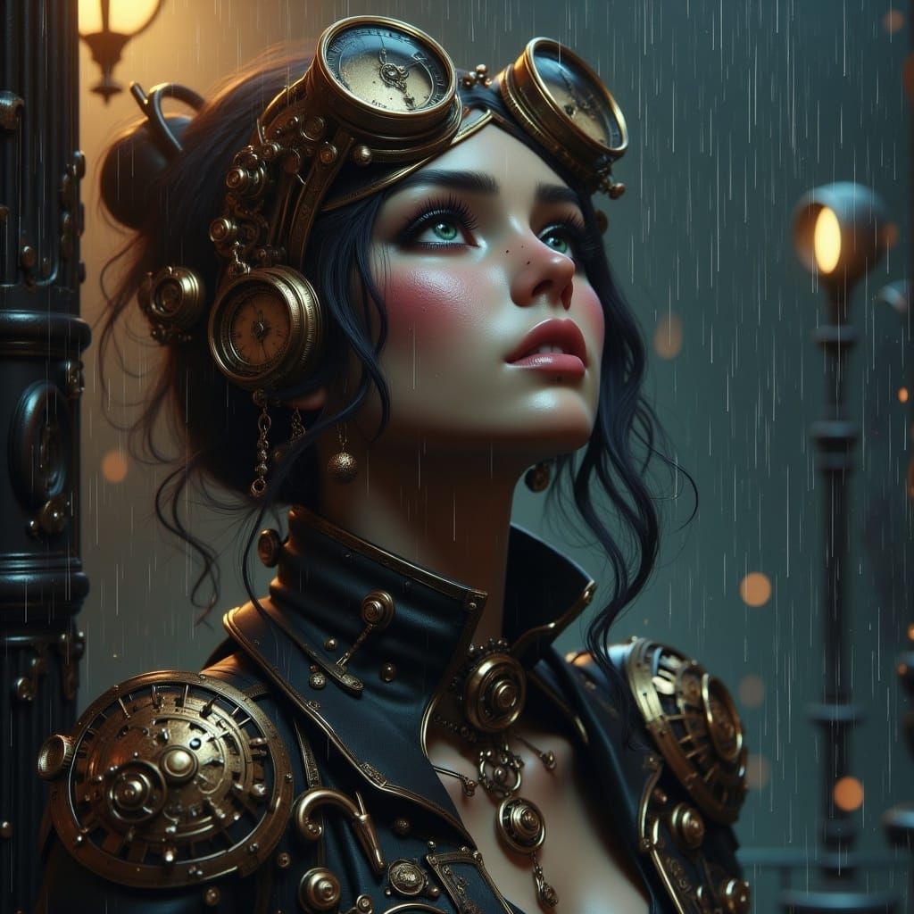 Emotional Figure in Rainy Steampunk Victorian Scene