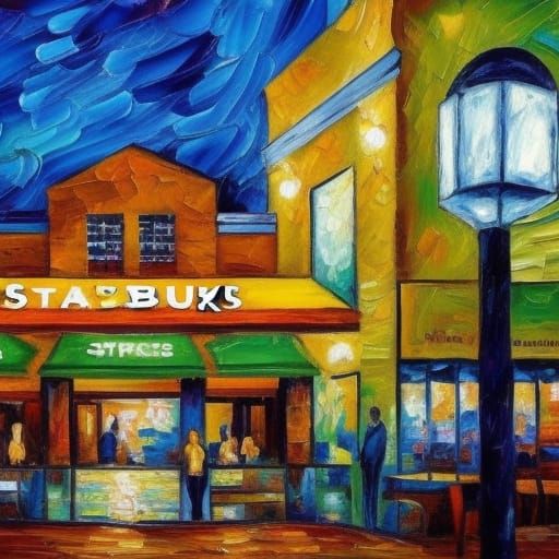 Starbucks Coffee Store as Expressionist Oil Painting