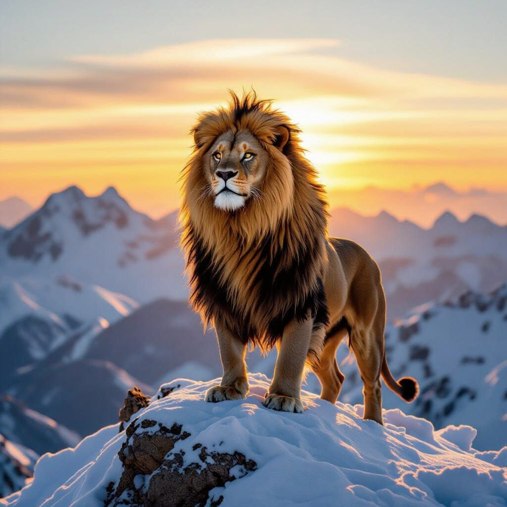 Majestic Lion on Snowy Peak in Golden Sunrise Light