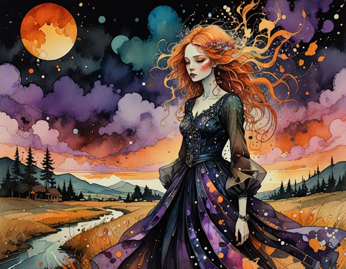 Autumn Sunset Landscape with Woman in Sheer Gown