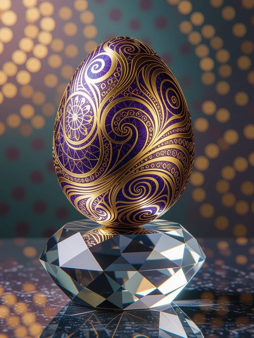 Vibrant Scrimshaw Egg on Opulent Crystal Pedestal