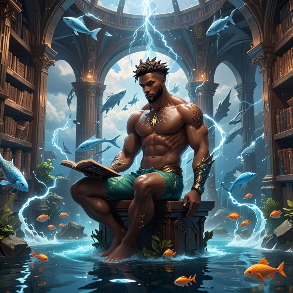 Zeus Merman in Underwater Library, 3D Anime Style