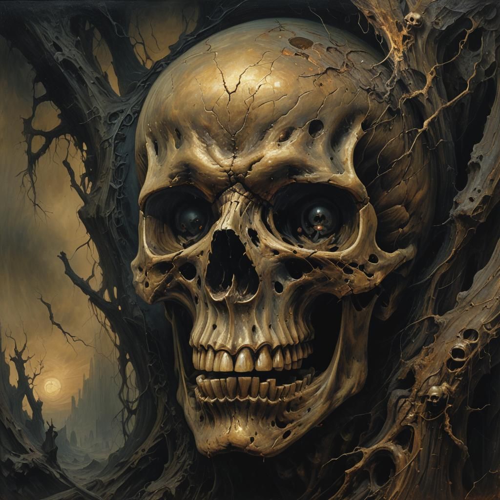 Surreal Screaming Skull in Dark Eerie Atmosphere