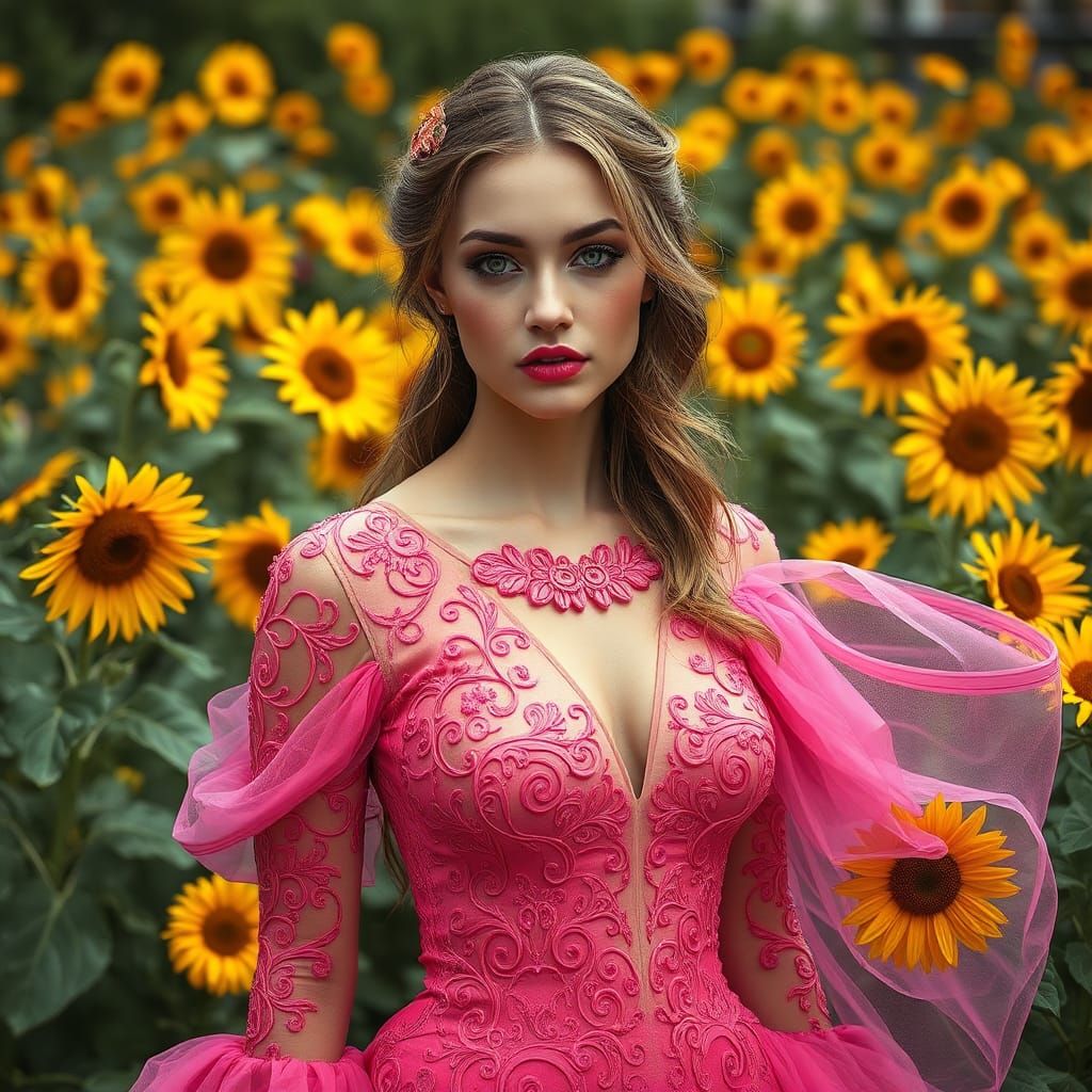 Hyperrealistic Woman in Latex Dress Among Sunflowers