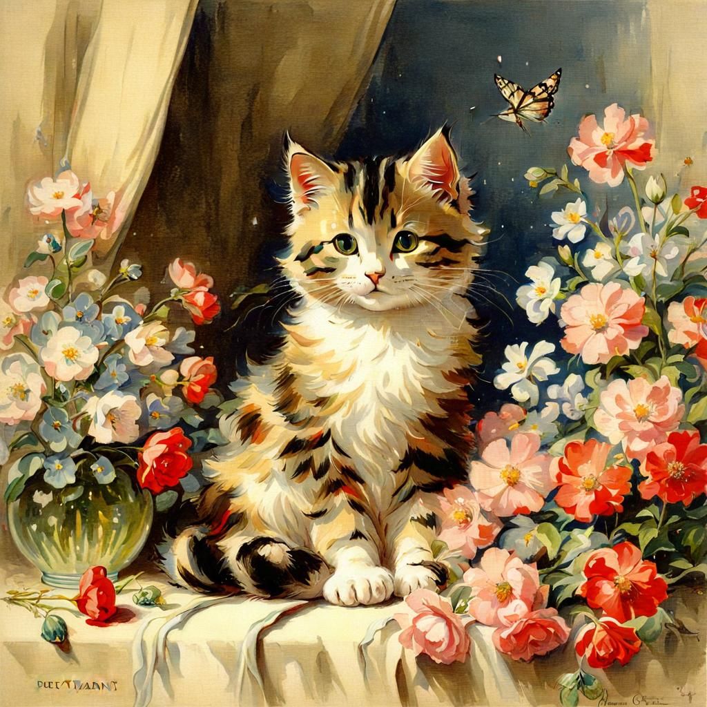 Cute Cat with Flowers in Edwardian Style