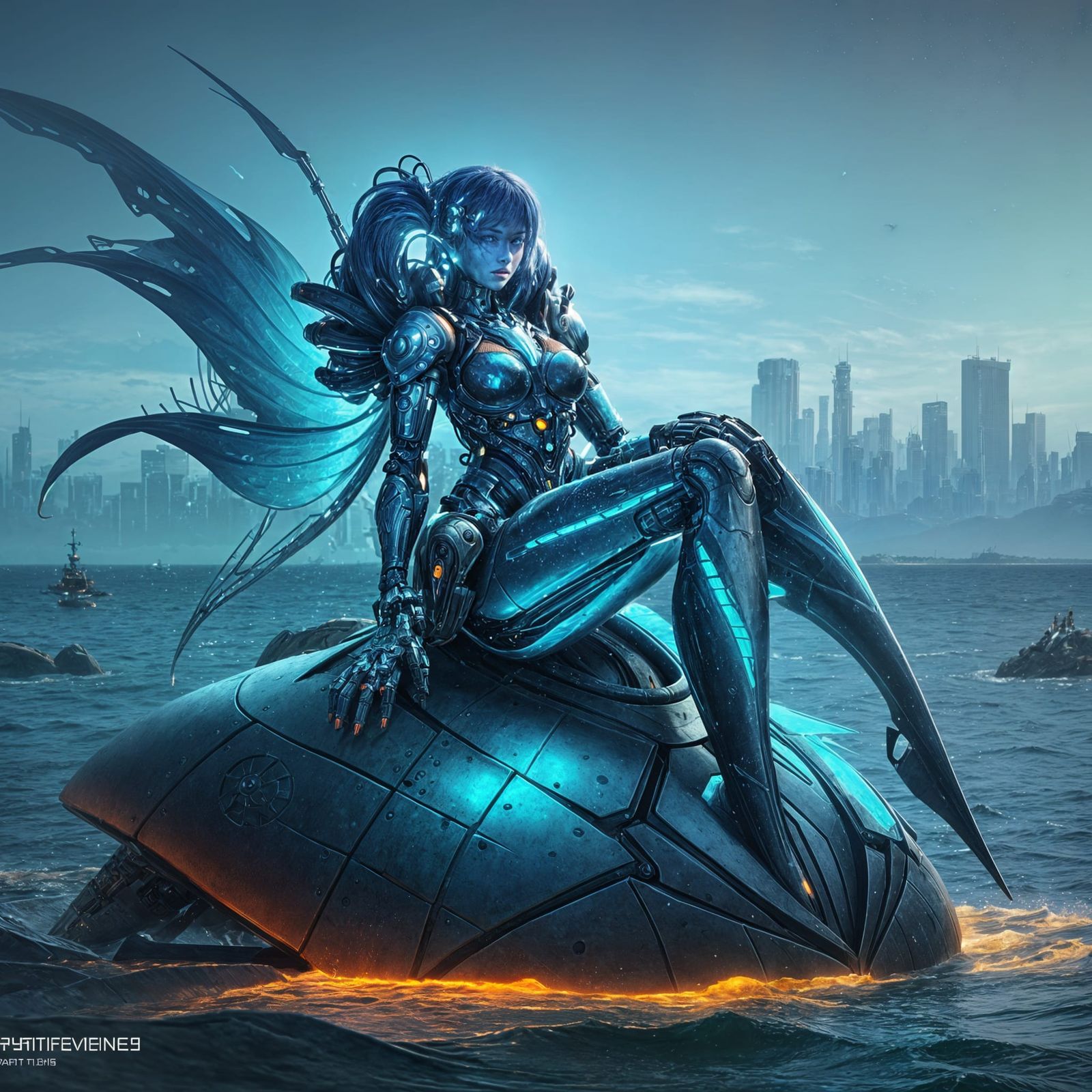 Cybernetic Mermaid in Post-Apocalyptic Cityscape