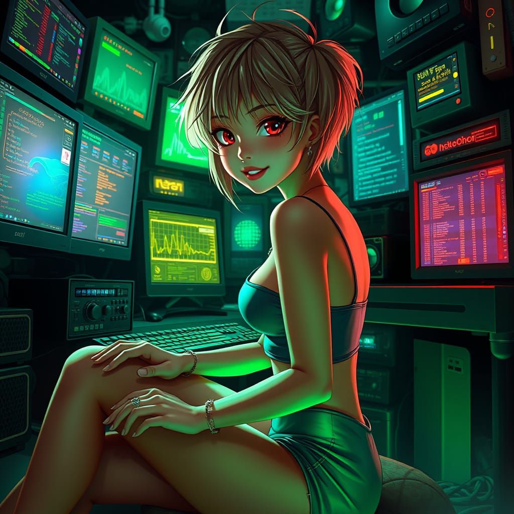 Cyberpunk Girl Surrounded by Neon-Lit Chaos