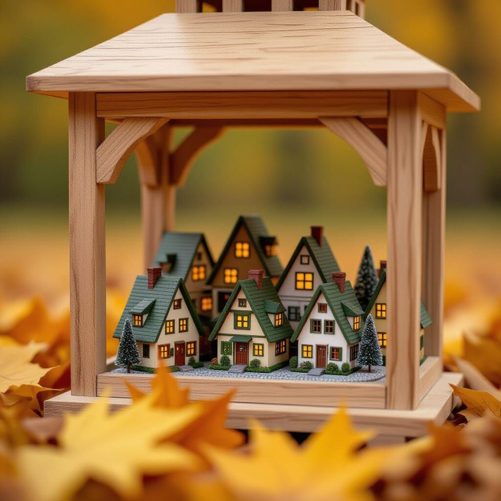 Miniature A-Frame Village in Autumn Leaves