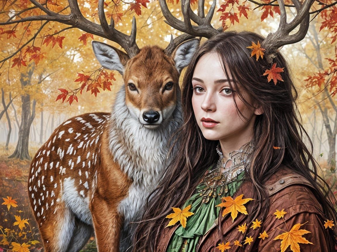 Autumnal Deer Mother and Fawn in Vibrant Hues