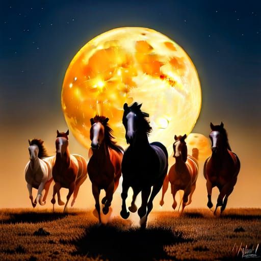 Wild Horses Run Free Under Moonlight