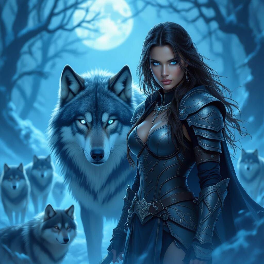 Warrior and Dire Wolf Pack in Moonlit Forest