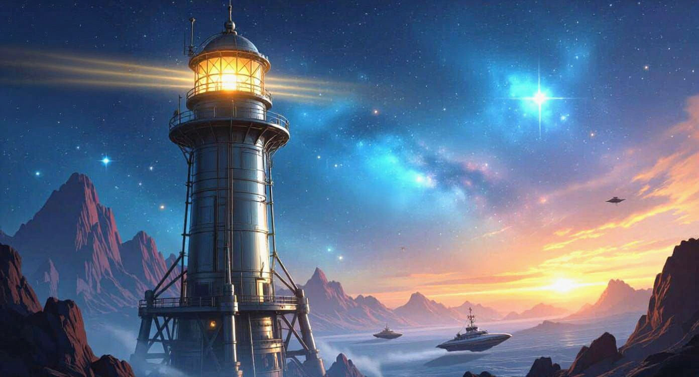 Space Lighthouse in Deep Space with Glowing Beacon