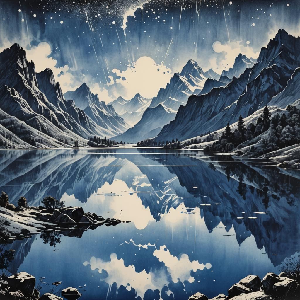 Mountainscape Reflected in Lake, Ink Drawing