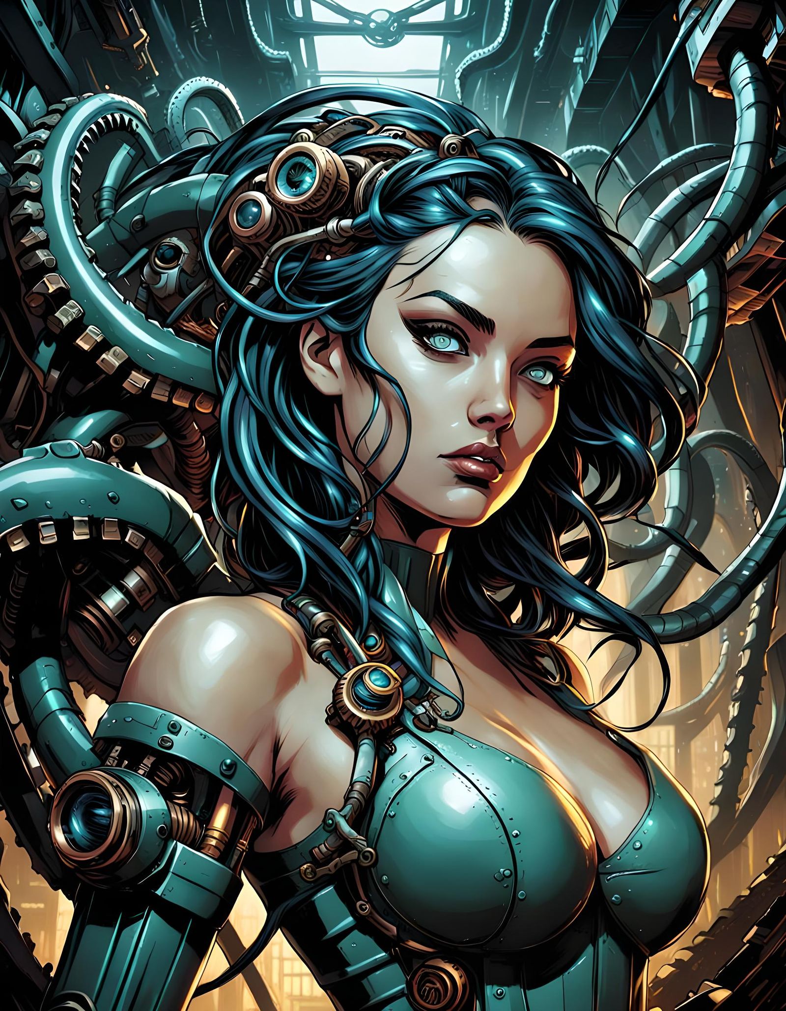 Woman Captured by Mechanical Tentacles in Comic Book Style