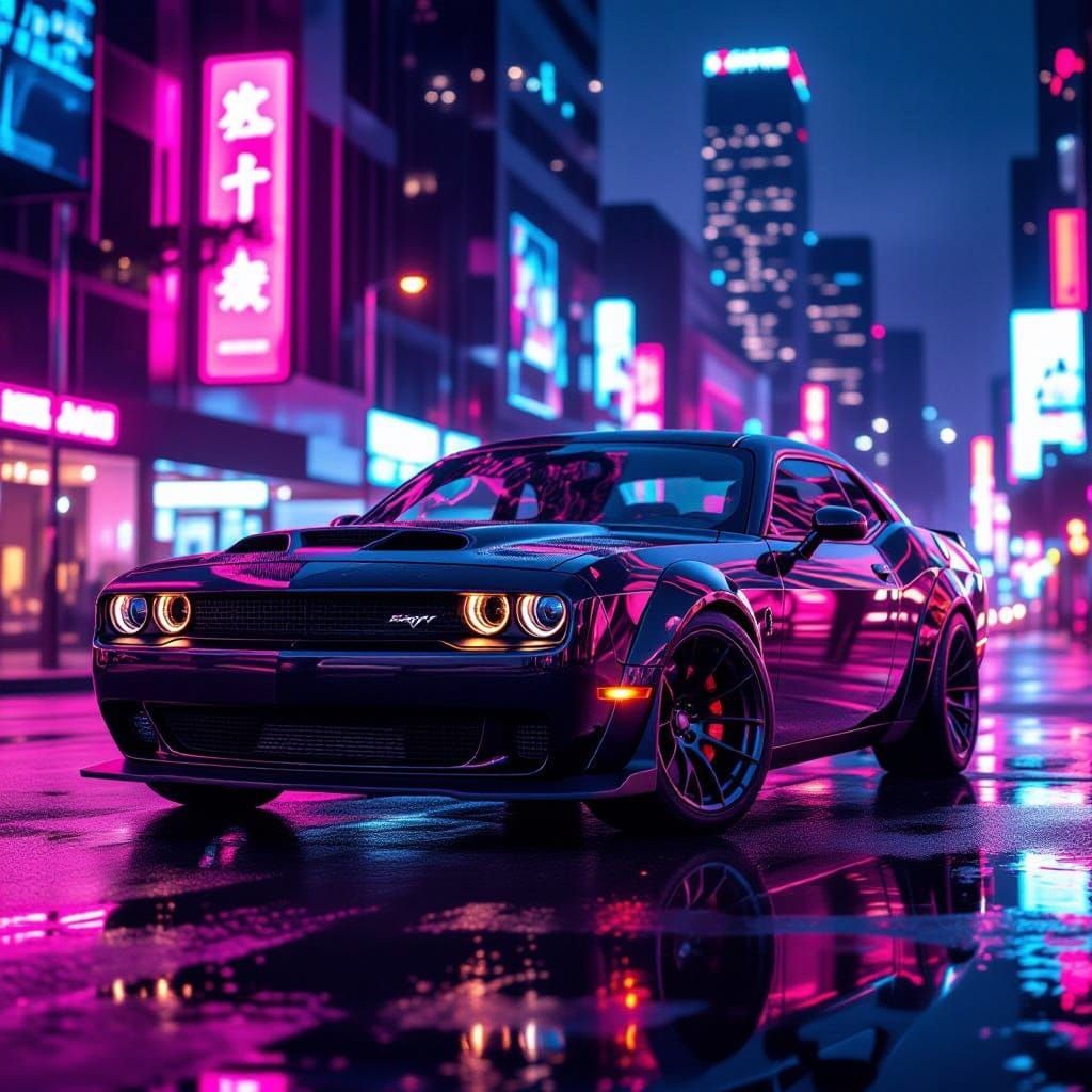 Sleek Matte Black Dodge Challenger in Futuristic Cityscape
