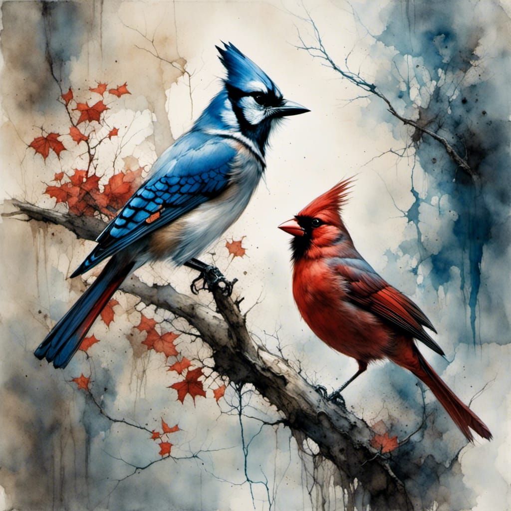 Blue Jay and Cardinal on Branch in Dark Style