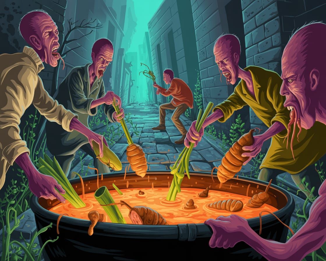 Grotesque Figures Ritualistically Toss Food into Cauldron