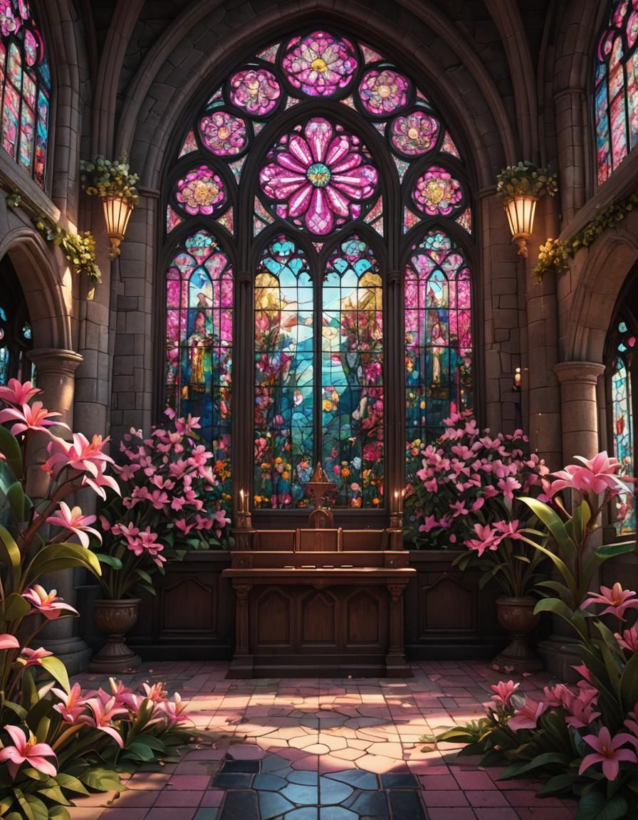 Stained Glass Church with Pink Frangipani Flowers