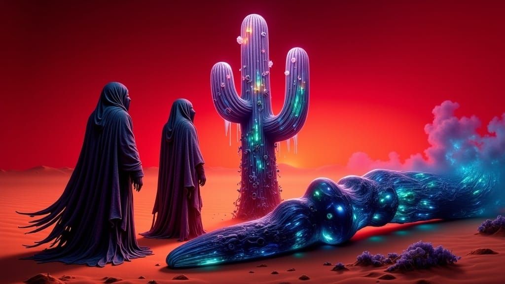 Surreal Desert Beings Confront Cosmic Cactus in Dreamlike Ex...