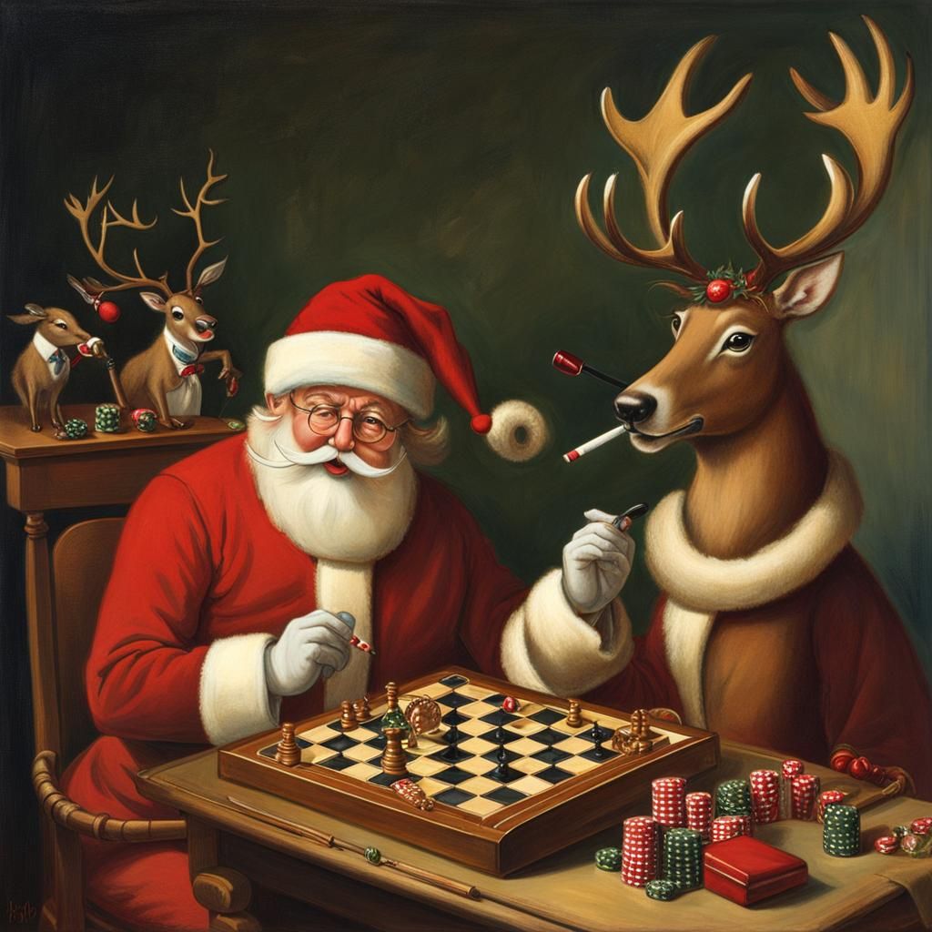 Reindeer and Santa Playing Checkers
