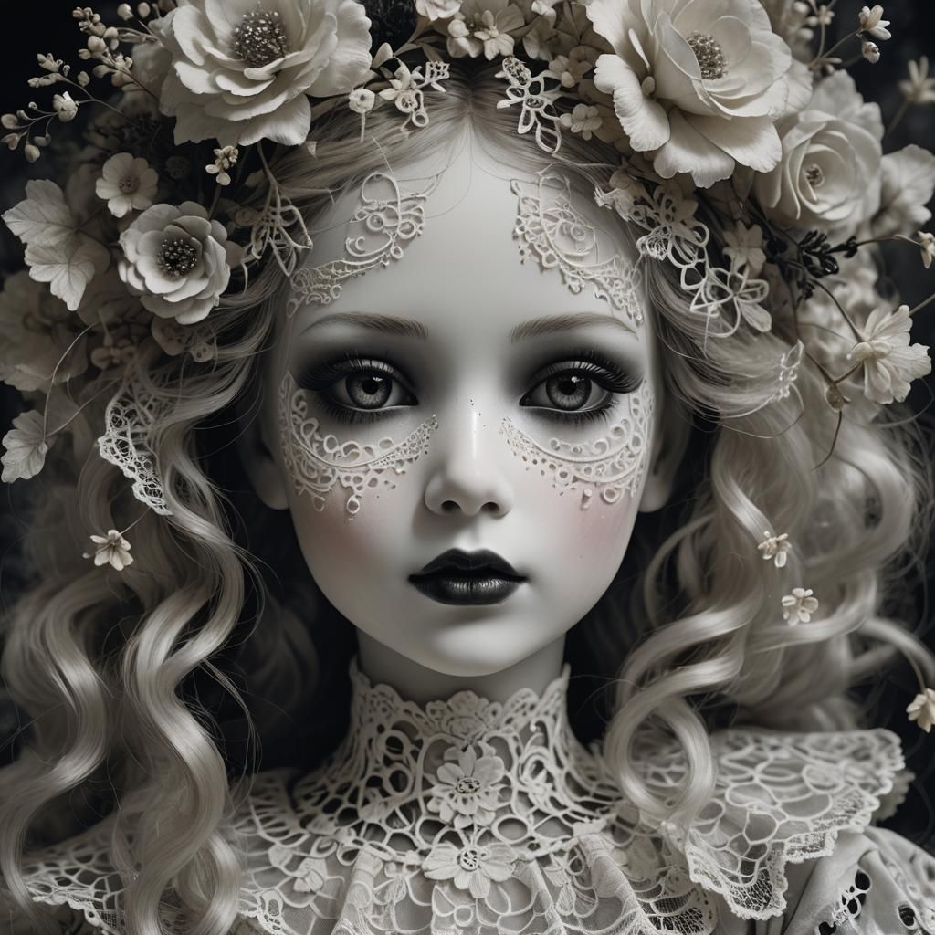 Eerie Doll Face with Black and White Makeup