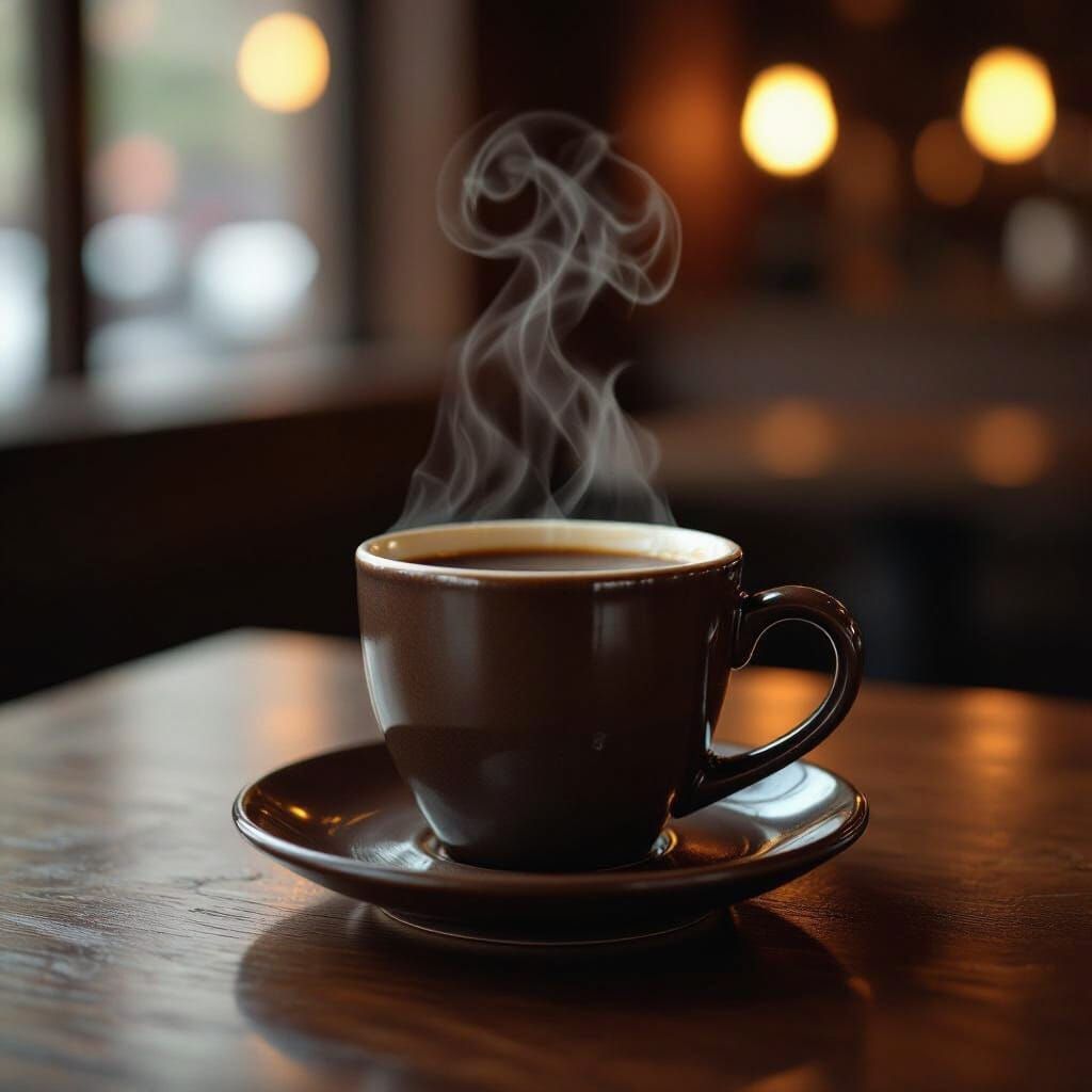 Artisan Coffee Cup on Walnut with Warm Ambient Light