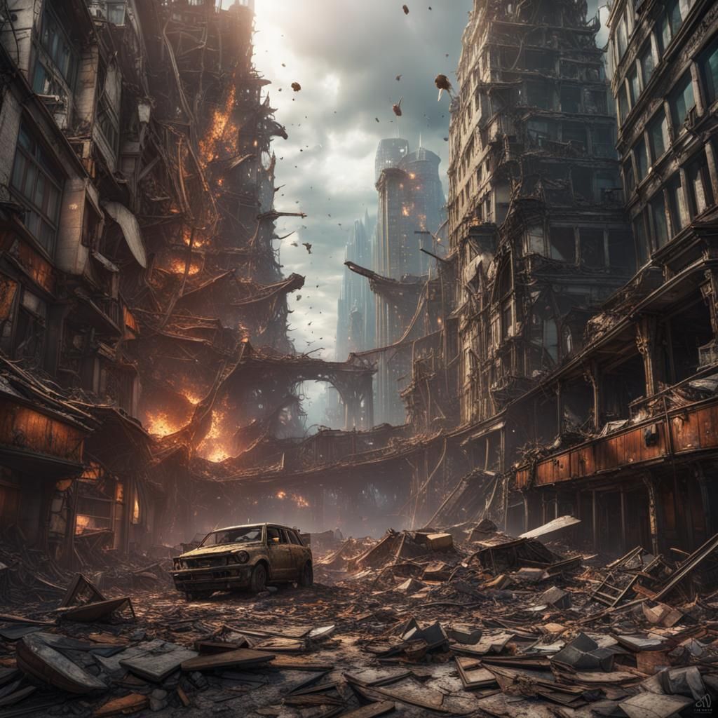 Apocalyptic City Ruins with Destroyed Plane