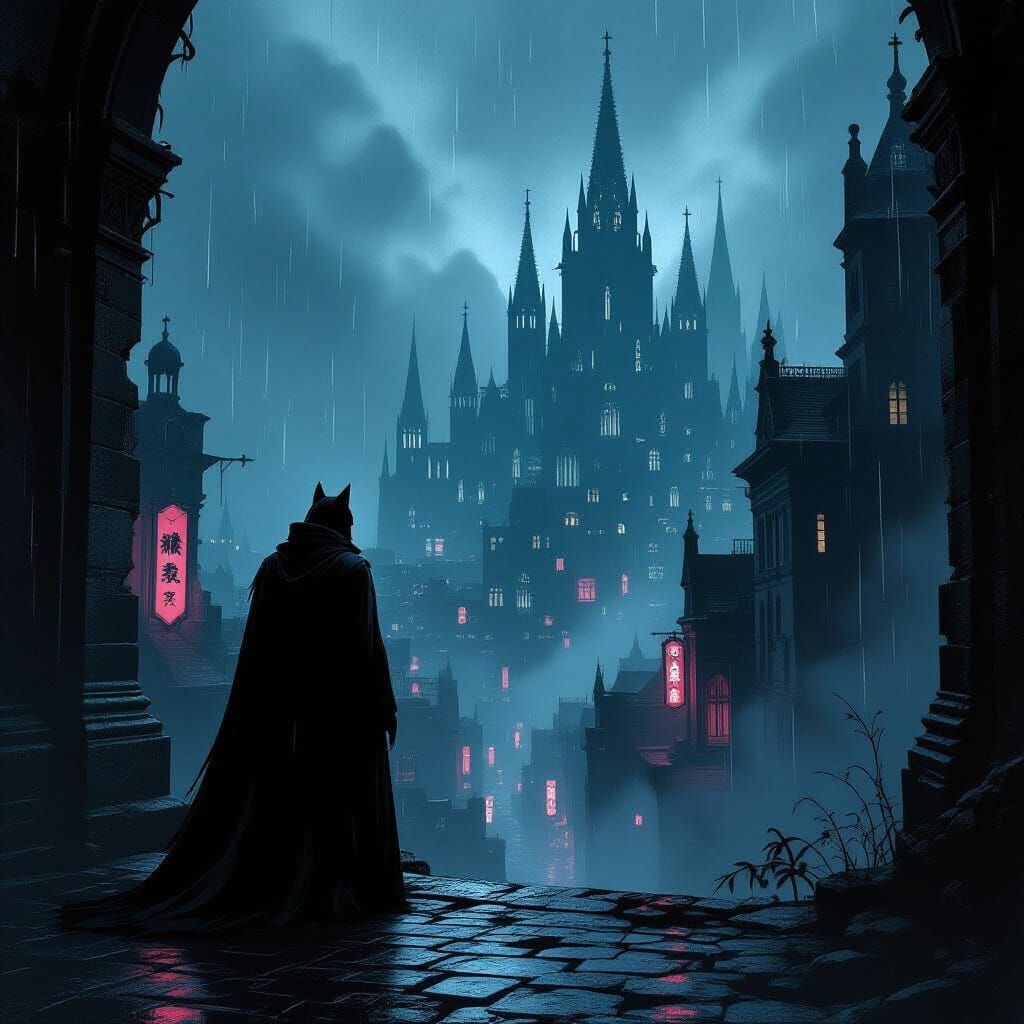 Lone Wolf in Shadowy Gothic City