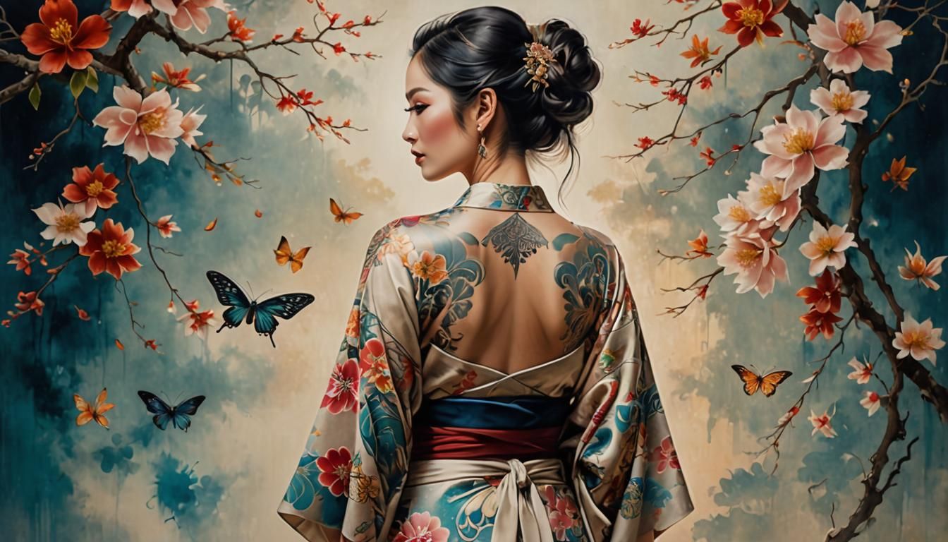 Tattooed Woman in Kimono: Photorealistic Tonalism Painting