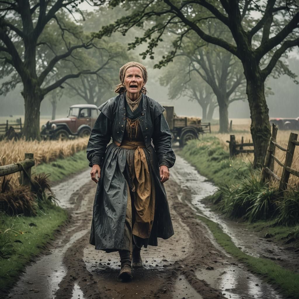 Dramatic Film Still: Old Farmhouse in the Rain