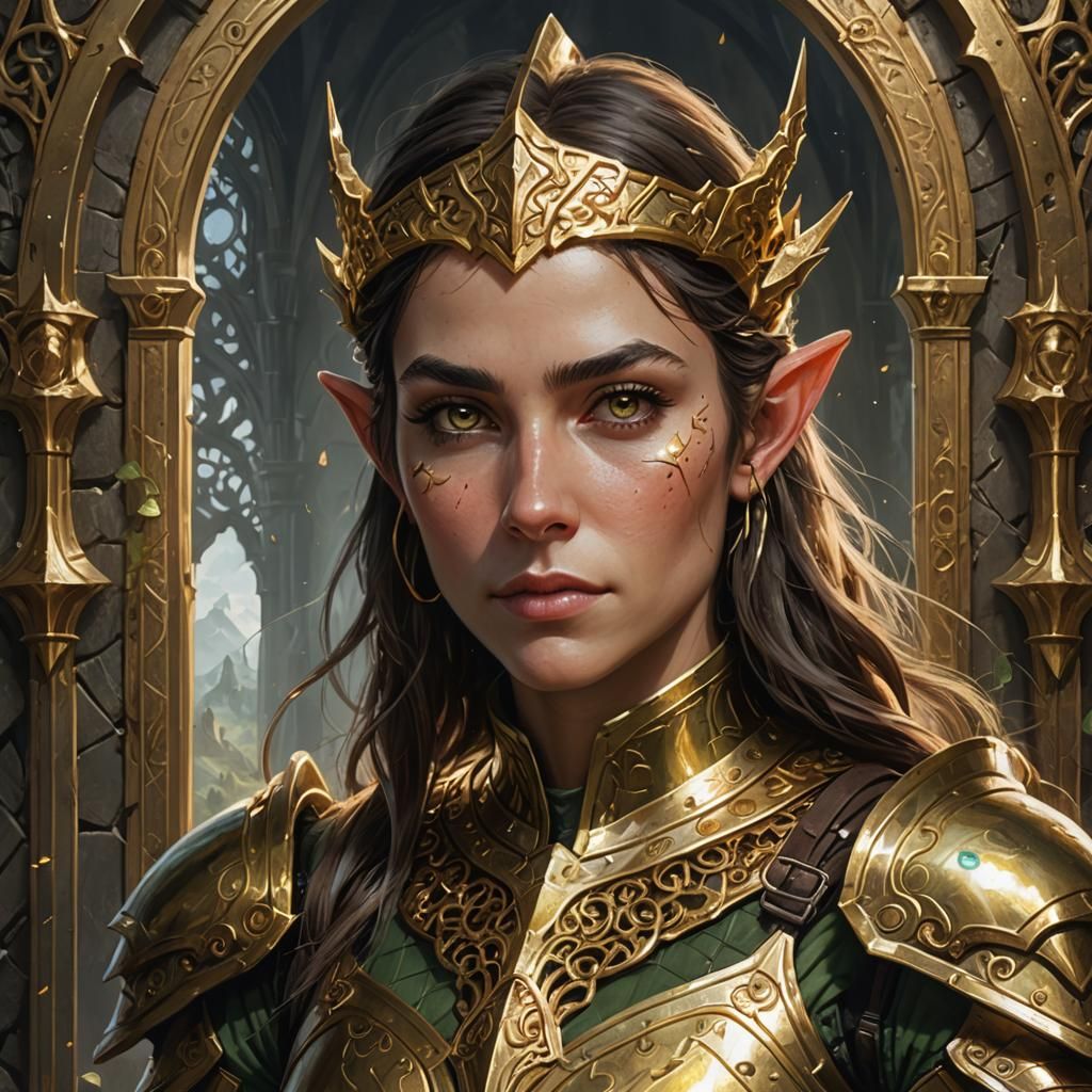Armored Elf Portrait with Gold Frame, Splash Art Style