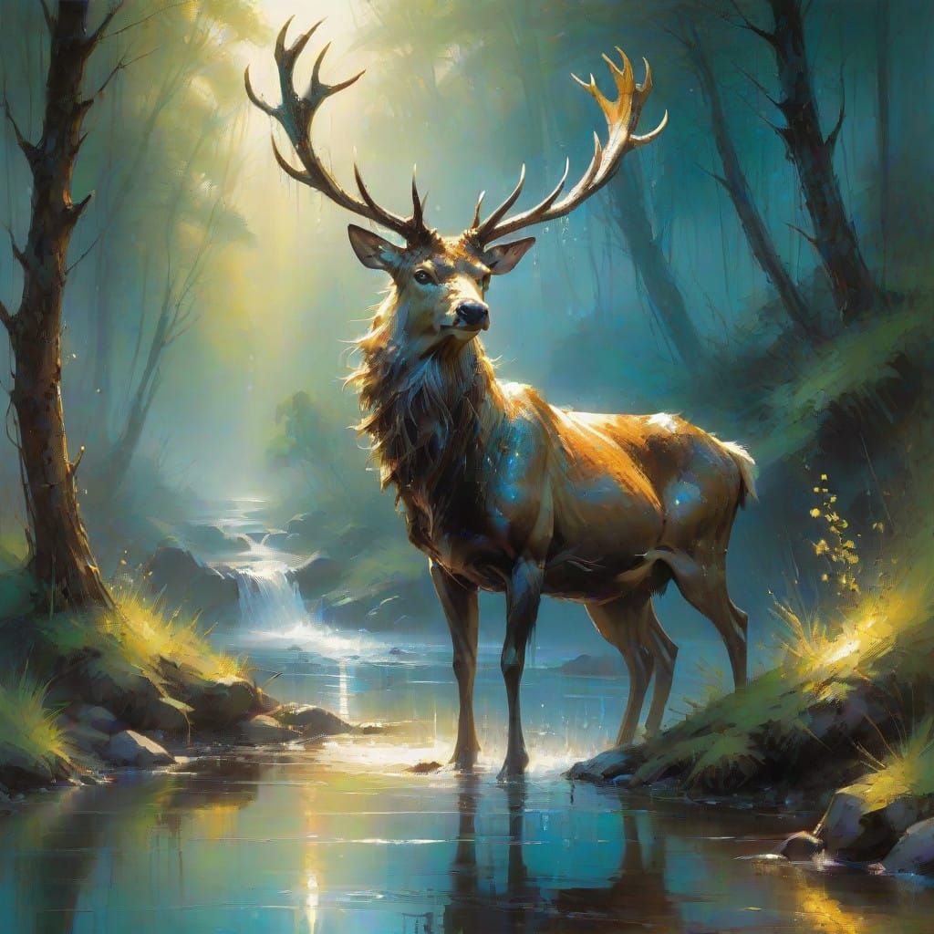 Majestic Stag in Enchanted Forest Stream Paradise