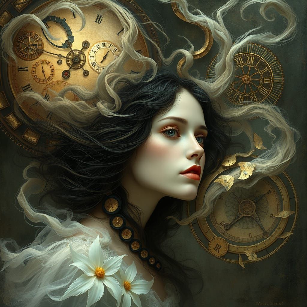 Ethereal Woman Lost in Time's Whirlwind