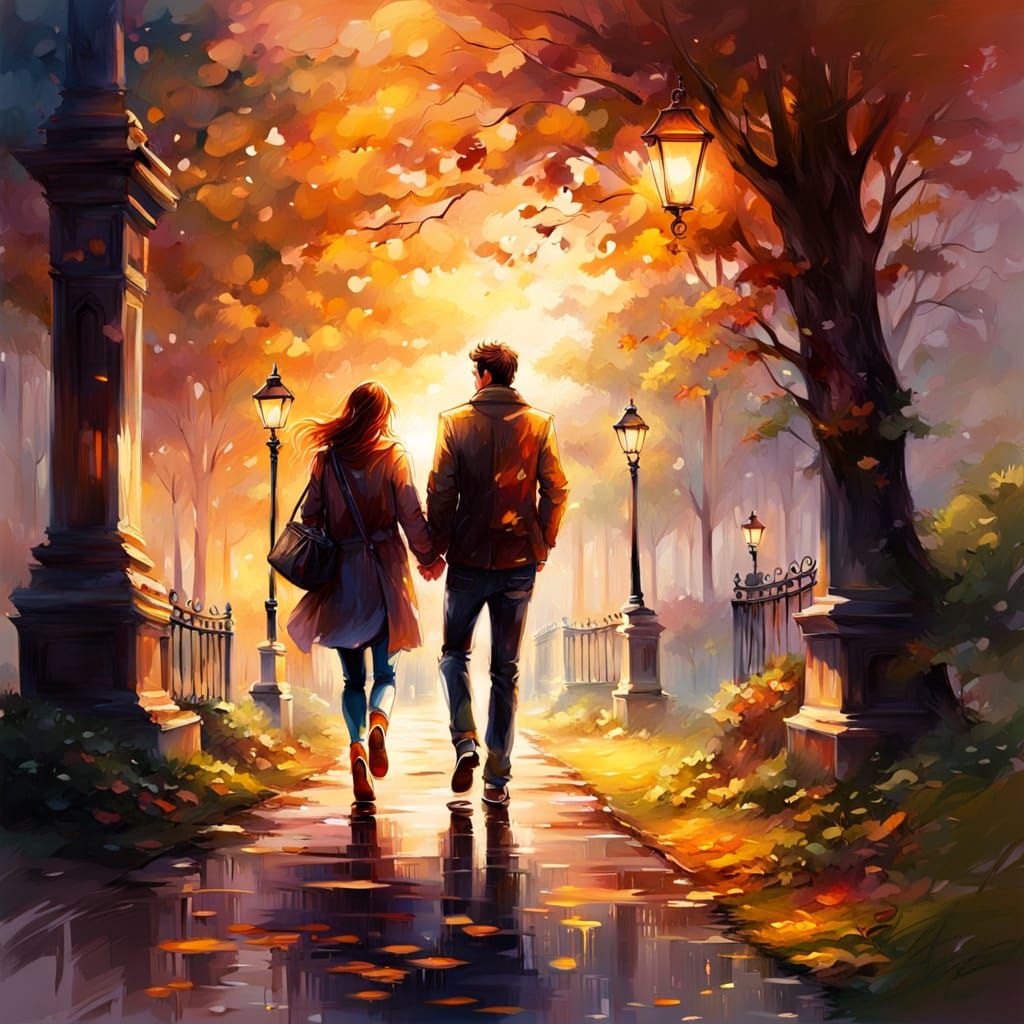 Romantic Couple Stroll Through Autumn Park at Sunset