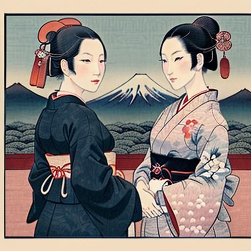 Geishas in Kyoto Street: Ukiyo-e Style