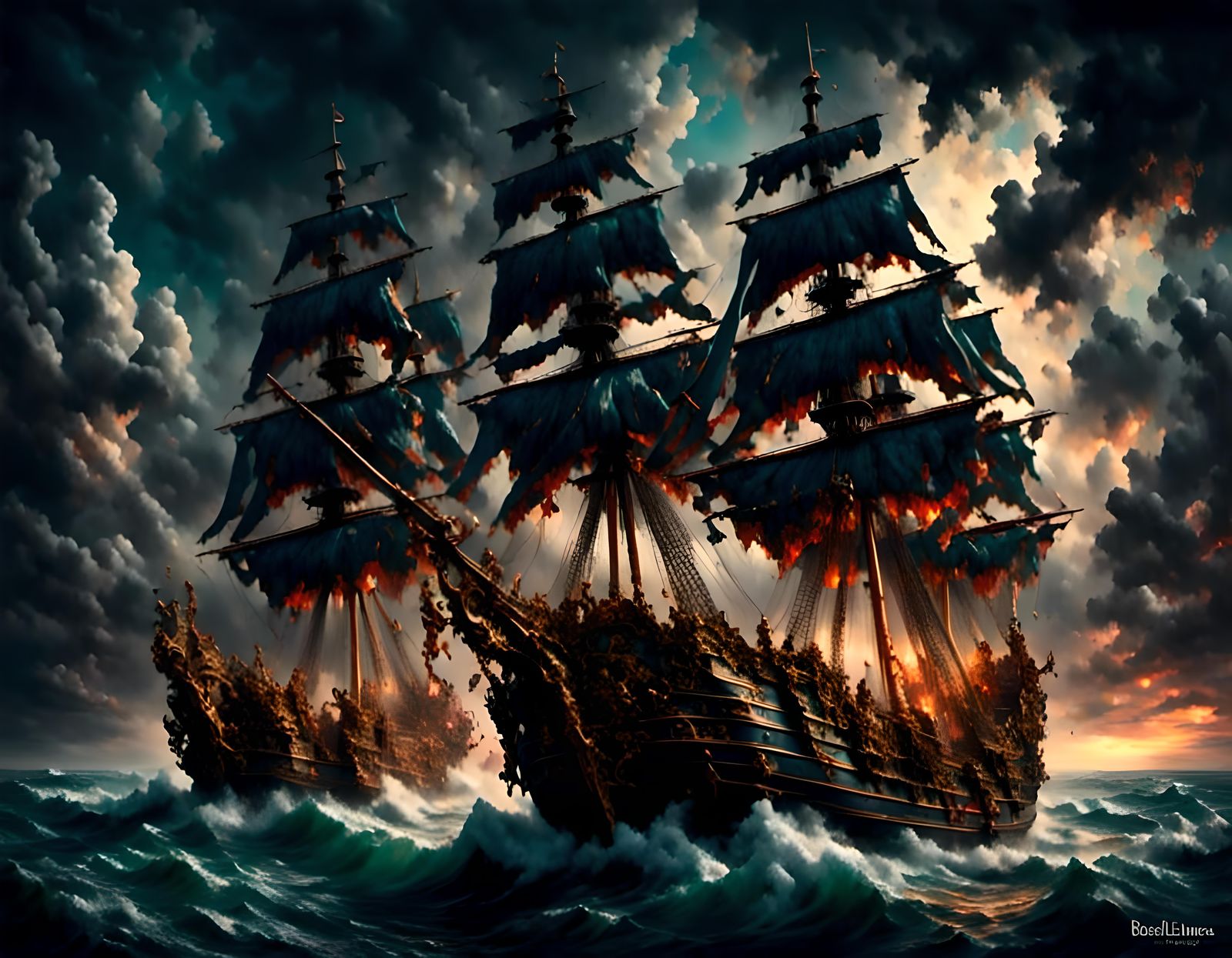 Stormy Seas: Tall Ships in Rococo Style